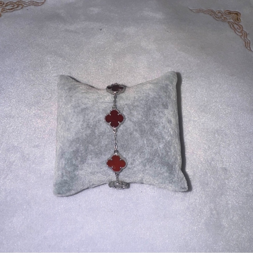Elegant Silver and Red Coral Clover Bracelet
